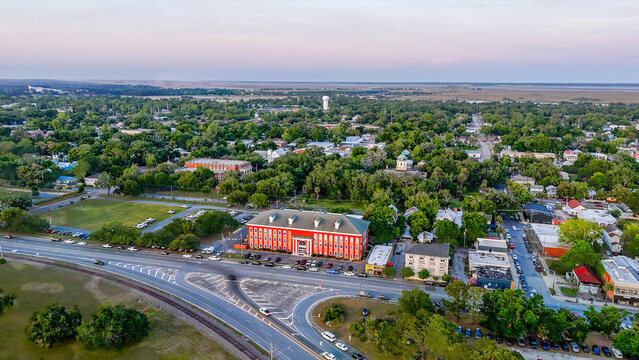 Aerial landscape of coastal downtown Brunswick city summer sunset in southeast coast of Georgia