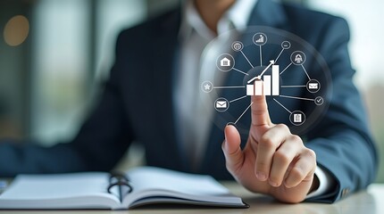 Close-up of a hand interacting with a circular digital business analytics interface finance graph
