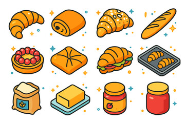 French Pastries Icons. French pastries. Colorful isometric vector icons set of French pastries: croissant, pain au chocolat, almond croissant, baguette, tart,