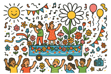 Joyful Flower Parade. Flower parade. Colorful Hand-drawn doodle Children illustration Flower parade decorated float, garlands, crowd cheering, music notes,