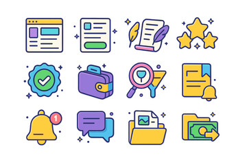 Freelance Marketplace Icons. Freelance marketplaces. Colorful isometric vector icons set of Freelance marketplaces: platform homepage, job posting card, bid