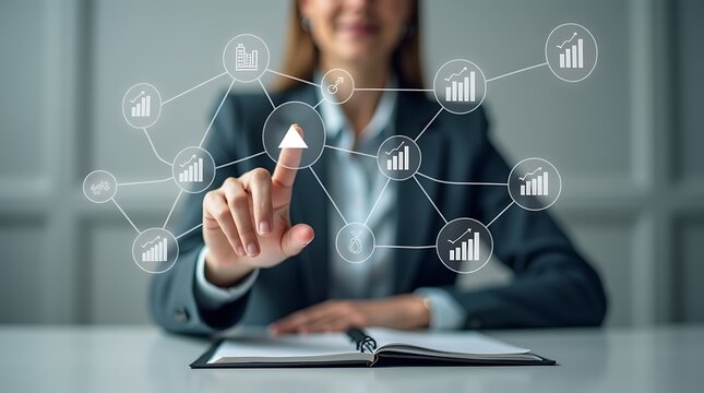 Person interacting with a digital network of financial and business icons on a touch interface finance