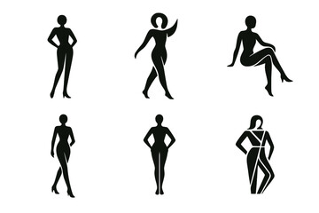 Naklejka premium Fashion Pose Logos. Model Pose. Set Logo of Fashion Pose Collection: Abstract geometric, Filled silhouette, Negative space, Flat solid, Symmetrical form,