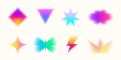 Obraz premium Retro Y2K inspired gradient flowers, hearts, and stars in pastel tones. Minimal geometric composition with soft blur and grain. Perfect for trendy digital art or aesthetic layouts.