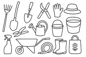 Garden Tools Doodle. Garden tools. Hand-drawn doodle illustration garden tools rake, shovel, trowel, pruning shears, gloves, watering can, bucket, spade, spray