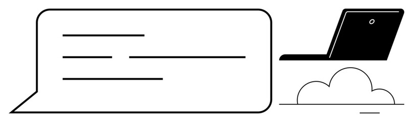 Laptop above a cloud next to chat bubble with text. Ideal for technology, networking, communication, cloud computing, virtual collaboration, remote work, and data access. Simple flat metaphor