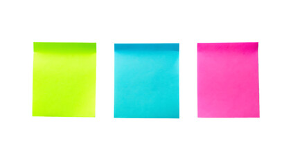 Three brightly colored sticky notes in neon yellow blue and pink isolated on transparent background