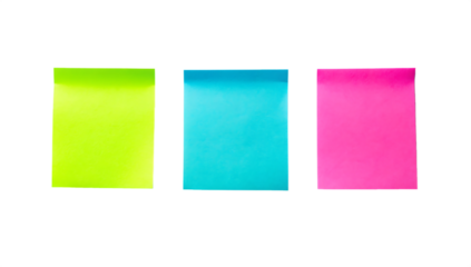 Three brightly colored sticky notes in neon yellow blue and pink isolated on transparent background