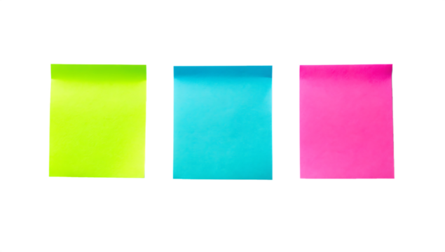 Three brightly colored sticky notes in neon yellow blue and pink isolated on transparent background