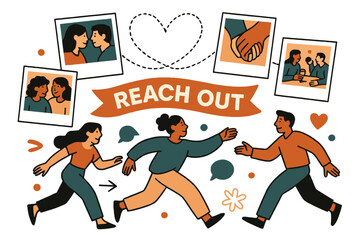 Fototapeta premium Connected Moments. Vision Board ? Relationships & Community. Polaroids show shared moments; dotted heart lines connect photos in a loop. Caption ?Reach Out?