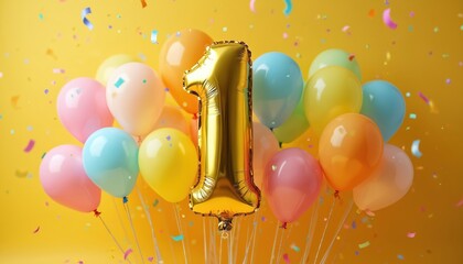 Golden foil number one balloon stands out among many pastel color balloons. Colorful confetti falls on bright yellow background. Festive display marks first birthday, anniversary big celebration.