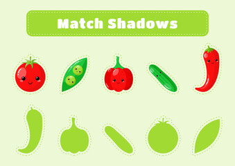 Educational game for kids match shadows. Cute veggies. Match shadows game. Educational activity worksheet.Illustration for kids books and workbooks. Logical quest for children.  Vector illustration.