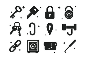 Fototapeta premium Lock and Key Icons. Lock & Key. Solid icons set of Lock & Key: skeleton key, modern key, padlock, combination lock, keyring, hook, keyhole, latch, chain, safe,