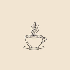 Simple line drawing of a cup of tea with a leaf in it on a saucer against a light background
