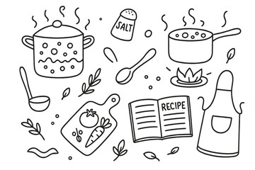 Cooking Pot Doodles. Cooking pots. Hand-drawn doodle illustration cooking pots saucepan, stock pot, soup ladle, steam lines, boiling bubbles, spoon, salt