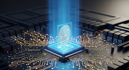 Futuristic microchip with fingerprint scan, symbolizing advanced security, data protection, and biometric authentication in modern technology