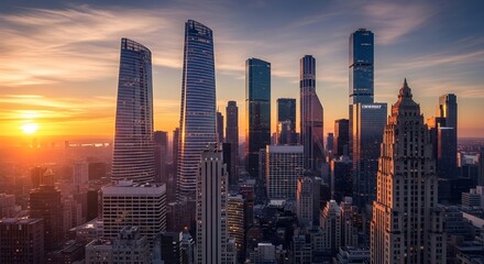 Fototapeta premium A stunning city skyline with futuristic skyscrapers illuminated by sunrise, symbolizing innovation and architectural progress.