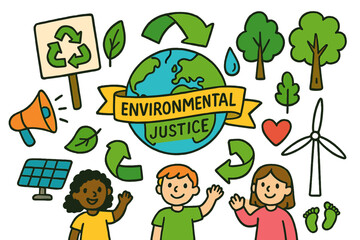 Fototapeta premium Environmental Justice Doodles. Environmental justice. Colorful Hand-drawn doodle Children illustration Environmental justice green earth, recycle arrows,