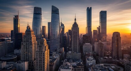 Fototapeta premium A breathtaking view of a modern city skyline at dawn, showcasing futuristic skyscrapers bathed in warm sunlight and a peaceful morning sky.