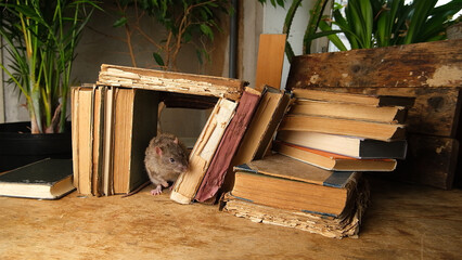 An antique old books and brown, gray rat.