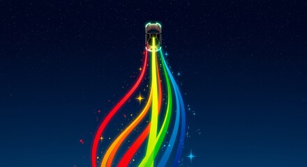 Graphic Digital Art of a Small Metallic Rocket Launching Cascading Rainbow Trails with Sparkling Stars, Bold Saturated Colors, and Dynamic Luminous Flow