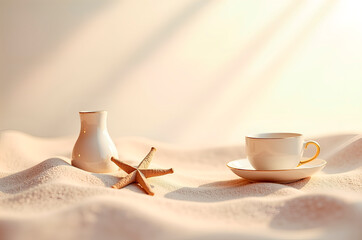 Coastal Still Life: Coffee Cup, Vase, and Seashell on Sandy Beac