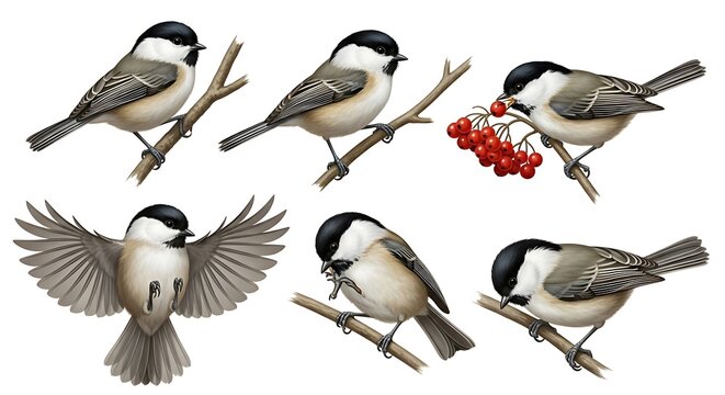 Dynamic wildlife photography composite showing six views of a titmouse: perched, interacting with berries, and with wings spread in take-off