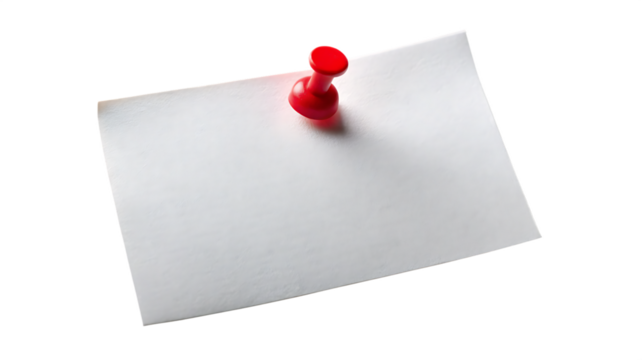 Blank white paper note attached with a red pushpin isolated on transparent background
