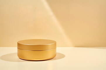 Golden cosmetic jar on a reflective surface with dramatic lighti