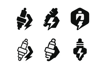 Obraz premium Mechanics Logo Grid. Car mechanics working on engines. Set Logo of spark system: spark plug and bolt. Icon set. harmonious logo variations of the