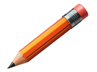 A sharp orange hexagonal pencil with a pink eraser and silver ferrule isolated on transparent background