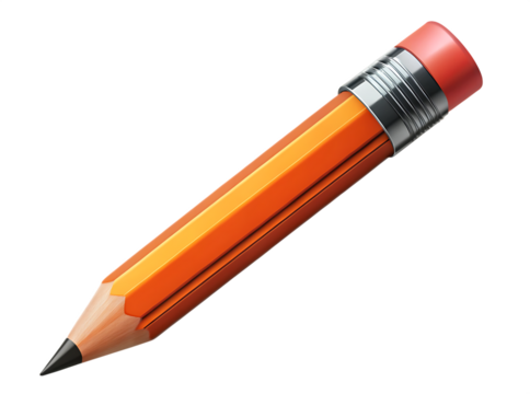 A sharp orange hexagonal pencil with a pink eraser and silver ferrule isolated on transparent background