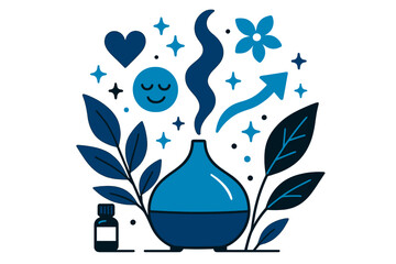 Calming Aromatherapy Essence. Aromatherapy oils. Diffuser releasing aromatic steam with abstract floating icons, leaves, and sparkles; conveys calm,