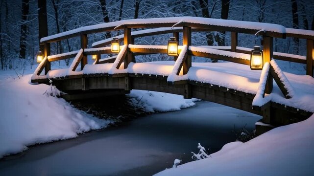Serene winter evening: lanternlit bridge over frozen creek