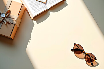 Relaxing Afternoon: Open Book, Gift Box, and Sunglasses in Sunli