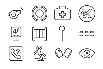 Pool Safety Icons. Pool Safety. Line icon set of Pool Safety: lifeguard whistle, life ring, first aid kit, no diving sign, depth marker, pool fence, rescue