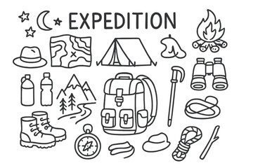 Obraz premium Adventure Gear Essentials. Expedition. Hand-drawn doodle illustration Expedition backpack, hiking boots, compass, map, tent, campfire, binoculars, mountains,