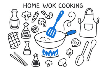 Home Wok Cooking. // Home wok cooking. Hand-drawn doodle illustration Home wok cooking [gas stove flame (accented), wok (accented), shrimp, spatula (accented),