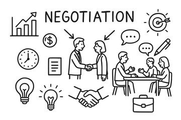 Negotiation Doodle Art. Negotiation. Hand-drawn doodle illustration negotiation people shaking hands, discussion table, arrows toward center, chart, coin,