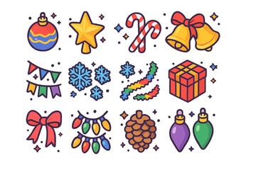Obraz premium Festive Icon Collection. Festive decorations. Colorful isometric vector icons set of festive decorations: baubles, star topper, candy canes, bells, garlands,