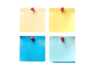 Four colorful sticky notes pinned to a surface isolated on transparent background