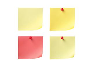 Four colorful sticky notes pinned to a surface isolated on transparent background