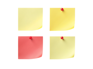 Four colorful sticky notes pinned to a surface isolated on transparent background