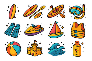 Beach Fun Icons. Beach fun. Colorful isometric vector icons set of beach fun: surfboard, paddleboard, kayak, snorkeling mask, diving fins, jet ski, sailboat,