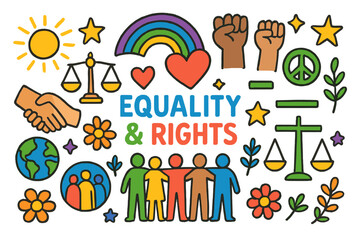 Fototapeta premium Symbols of Unity. Equality and rights. Colorful Hand-drawn doodle Children illustration Equality and rights justice scales, heart, rainbow, handshake, raised