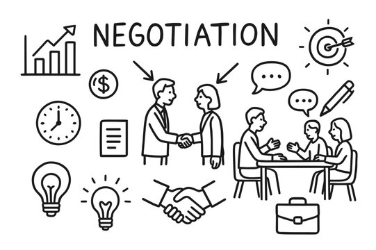 Negotiation Doodle Art. Negotiation. Hand-drawn doodle illustration negotiation people shaking hands, discussion table, arrows toward center, chart, coin,