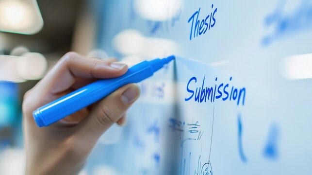 Closeup of a hand using a blue marker to write submission and thesis on a whiteboard, academic process