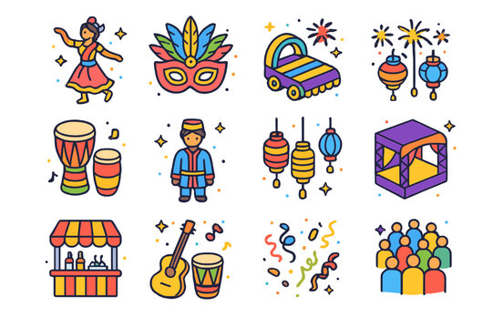 Vibrant Cultural Icons. Cultural event. Colorful isometric vector icons set of cultural event: traditional dance, festival mask, parade float, fireworks,