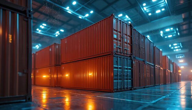 Rows of orange shipping containers stacked in modern warehouse. Bright blue lights illuminate scene, creating futuristic, organized atmosphere. Visual represents global logistics, efficient storage