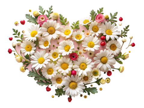 Heart shaped bouquet of daisies and roses with berries isolated on transparent background